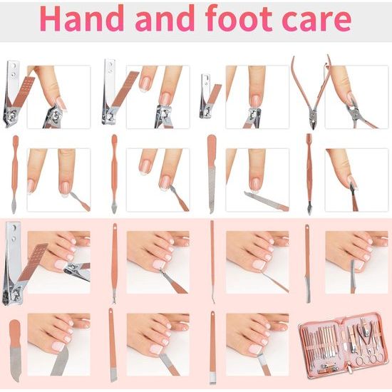 Manicure set, 26-delige professionele nagelknipper set, roestvrij staal nagelset gereedschap voor manicure en pedicure, nagelriemreiniging, geavanceerd ontwerp met ritssluiting, roze
