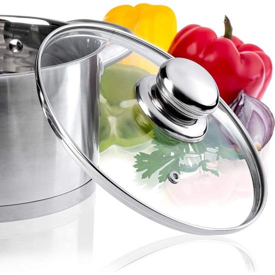 Glazen deksel met handvat van staal, hittebestendig deksel voor pan, diameter 14-30 cm, deksel met stoomgat, universeel deksel in verschillende maten, lichtgewicht pannendeksel, vaatwasmachinebestendig (14 cm)