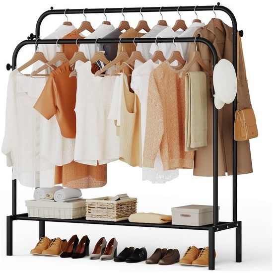 Kledingrek met 2 kledingstangen, multifunctionele kapstok van metaal met 1 plank en 4 haken, voor kleding, tassen en schoenen