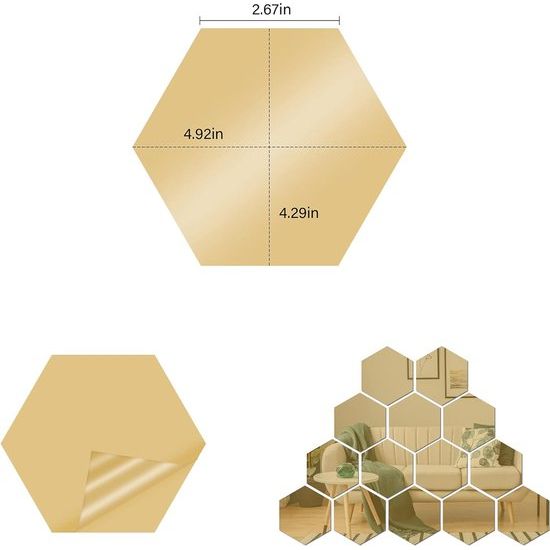 Muursticker, 24 verwijderbare zijden, decoratieve spiegelsticker voor aan de wand, doe-het-zelf acryl wanddecoratie met spiegeltegels in zeshoekige vorm, geschikt voor decoratie in de woonkamer en slaapkamer (goud).
