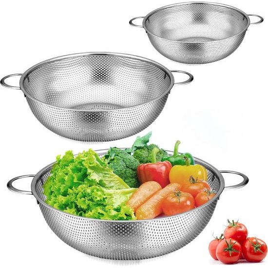 Set van 3 roestvrijstalen keukenzeefjes met handgrepen, microgeperforeerd vergiet, metalen keukenzeef voor afvoer en zeven van pasta, rijst, fruit, groenten, vaatwasmachinebestendig, 16 cm/22 cm/28