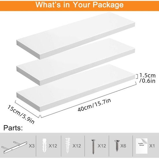 Zwevende Planken Wit, Wandplank met Onzichtbare Beugels, Witte Wandplank voor Woonkamer, Slaapkamer, Badkamer, Keuken, Decoratie Display Unit Organizer, Set van 3