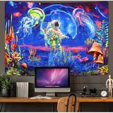 Wandtapijt astronaut op de zeegrond, psychedelisch melkwegstelsel heelal wanddoek, kwallen planten wandtapijt, esthetisch trippy tapijt, woondecoratie voor slaapkamer 210 x 150 cm