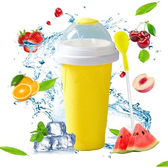 Slush beker siliconen knijpbeker slush ijsbeker om te kneden bevroren maker smoothie beker zomer slush cup met rietje lepel voor lekkere slush ijs (geel)