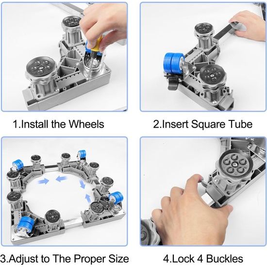 Onderstel voor wasmachines, verstelbare wasmachinesokkel met 8 poten en 4 wielen, wasmachinesokkel, berenbelasting 300 kg, platform voor koelkast, droger en vriezer