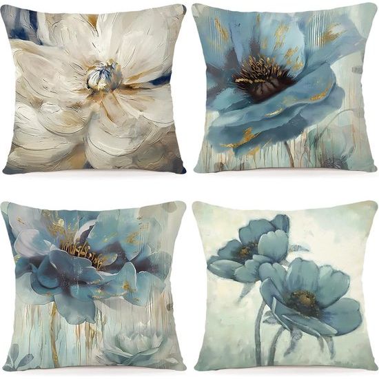 Bloemen Kussenhoes, 50 x 50 cm, set van 4 outdoor kussens, sierkussens, linnen, kussenhoezen, moderne abstracte bloemen kussenhoezen voor bank, woonkamer, sierkussen