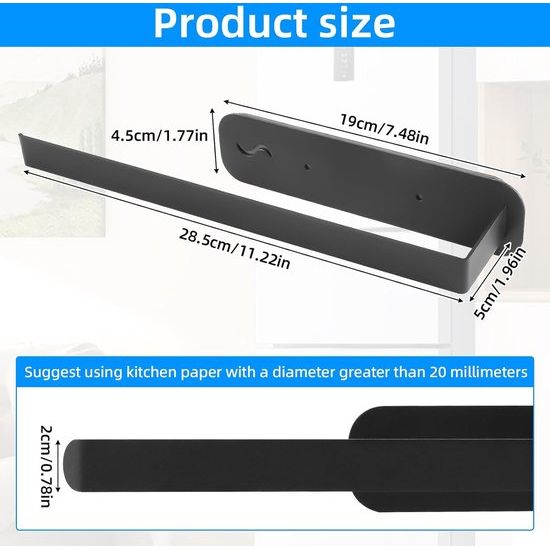 Keukenrolhouder magnetisch, keukenrolhouder zonder boren, keukenrolhouder zwart, magnetische rolhouder keuken, papierrolhouder voor koelkasten en magnetrons, metalen kast