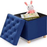 Opvouwbare kruk fluweel met opbergruimte en deksel met houten poten, 40 x 40 x 40 cm, blauw