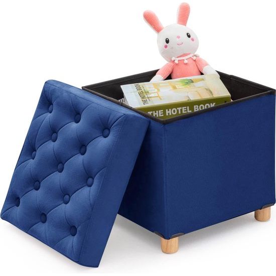 Opvouwbare kruk fluweel met opbergruimte en deksel met houten poten, 40 x 40 x 40 cm, blauw