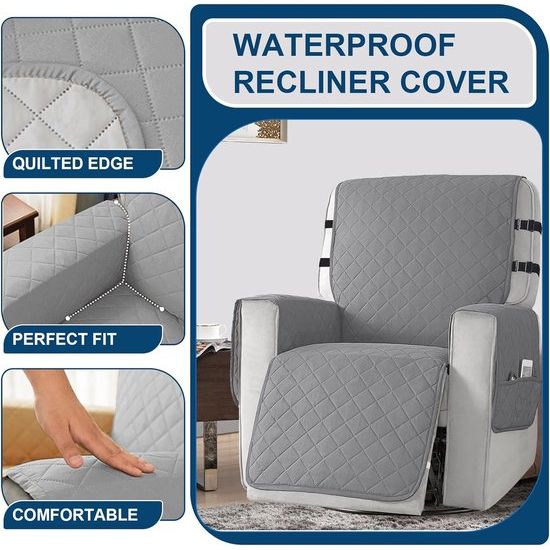 Fauteuilbeschermer voor kinderen, honden, 100% waterdichte relaxstoel, stoelbeschermer met zakken, 1-zits, antislip, stoelbeschermer voor televisiestoel met 2 verstelbare riemen, grijs