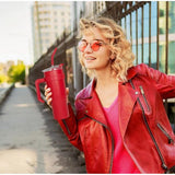 Thermobeker met handvat en rietje, dubbelwandige vacuüm roestvrijstalen isolatiebeker, voor onderweg of kantoor, voor koude warme dranken, 1200 ml, rood