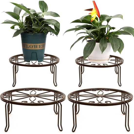 4 metalen bloemenstandaard, zwart, woonkamer, bloemenkruk, tuin voor binnen en buiten, bloemenrek, rek, balkon, plantenrek, decoratieve plantentrap, indoor, outdoor, decoratie (bruin)