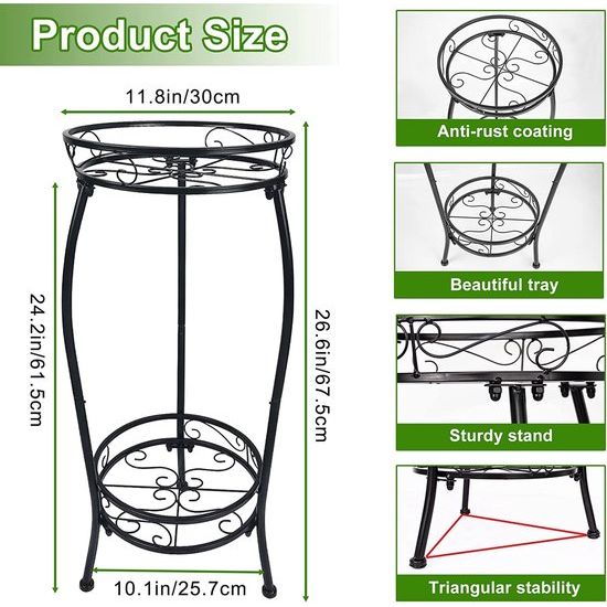 Metalen plantenstandaard, 2 etages, bloemenstandaard, plantenhouder voor tuin, zware hoge plantenpot voor binnen en buiten