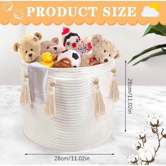 Manden van gevlochten touw, grote mand van katoenen touw, wasmand, opbergmand, gevlochten ronde geschenkmand met handgrepen, speelgoedopberger voor kinderkamer, organisatie van de was, wit