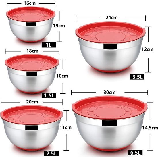 5-delige set slakommen van roestvrij staal, met rood deksel en siliconen bodem, multifunctioneel, stapelbaar, vaatwasmachinebestendig, 6,6 l / 3,5 l / 2,5 l / 1,5 l / 1 l