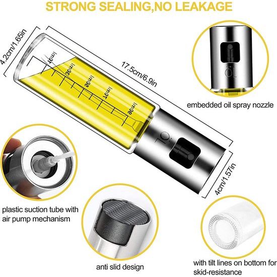Olijfolie-sproeier voor het koken, 4-in-1 navulbare olie- en azijndispenser, fles met bakkwast, flessenborstel en olitrechter voor het grillen, salade maken, koken, bakken, braden, grillen, 2 stuks