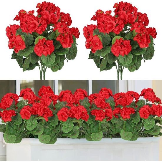 2 bundels kunstbloemen, bloemen geranium decoratieve weerbestendige kunstplanten namaak plastic UV-bestendige bloemen voor bruiloft thuis patio feest tuin tafel decor (rood)