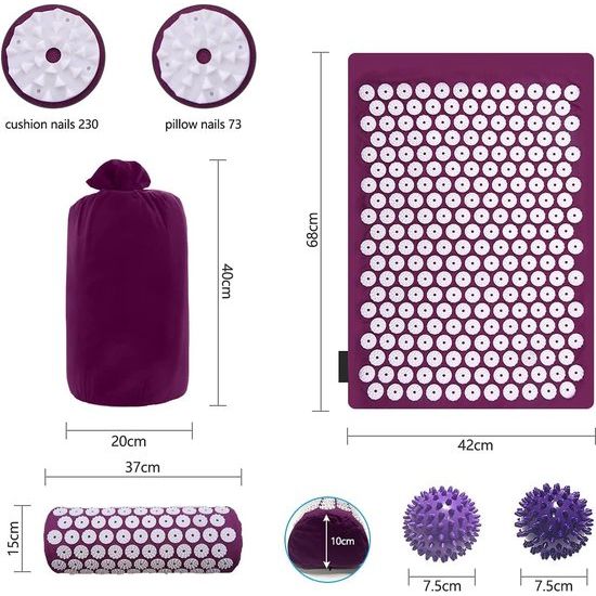 Acupressuurset Acupressuurmat met kussen - Acupressuurkussen Massagemat met 2 stuks Massageballen Goed voor verlichting van hoofd-nekpijn, pijnverlichting, bloedcirculatie met draagtas