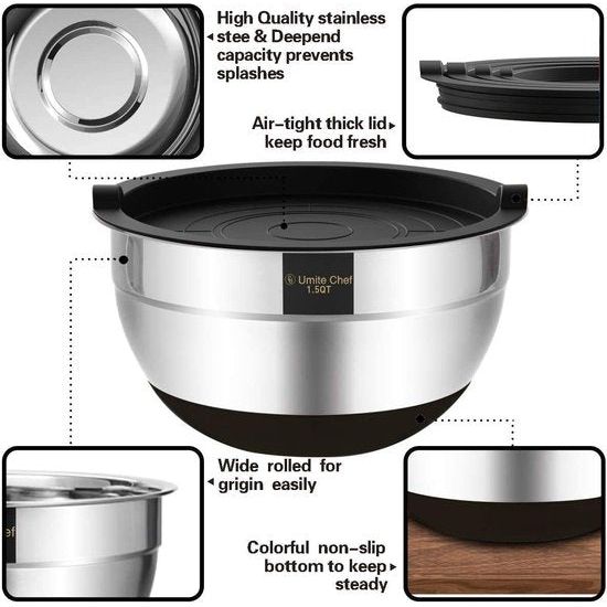 Mixing Bowls with Airtight Lids, 6 Piece Stainless Steel Metal Bowl Chef, Measuring Marks Quality Size 7, 3.5, 2.5, 2.0, 1.5, 1QT, Ideal for Mixing and Serving