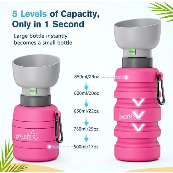 Hondenwaterfles, opvouwbare waterfles Honden voor onderweg, veilig, niet-giftig, waterfles voor huisdieren, geschikt voor hondenreizen buitenshuis, training en andere buitenactiviteiten, roze