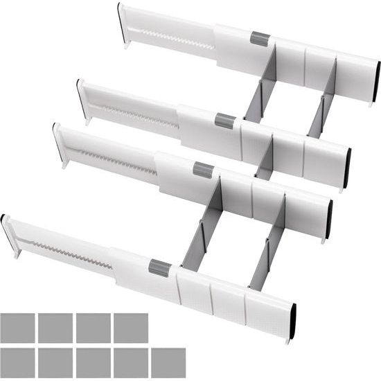 Opbergsysteem voor schuifladen, verstelbare ladeverdeler, scheidingssysteem, keuken, ladeverdeler, organizer met 9 inzetstukken, voor keuken, badkamer, slaapkamer, commode, 27-44 cm, 4 stuks