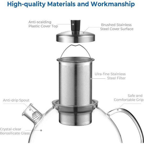 Originele 2000 ml zilveren glazen theepot van borosilicaatglas met afneembare 18/8 roestvrijstalen zeef, roestvrij, hittebestendig voor zwarte thee, groene thee, fruitthee, geurende theezakjes.