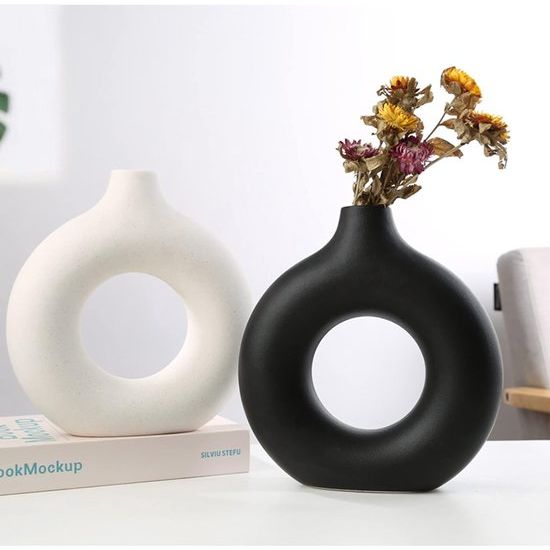 Vaas voor pampasgras, keramische vaas, mat zwart, decoratie, moderne droogbloemen, bloemenvaas, donutvaas, hol design, voor tafeldecoratie thuis, kantoor, decoratie, L+M
