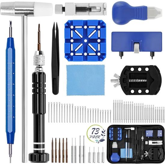 Professionele 73-delige horlogemakersset voor horlogereparatie en batterijwissel, inclusief tas, schroevendraaier, hamer, pincet, hefboomgereedschap, scalpel, standaard, oren, horlogeopener,