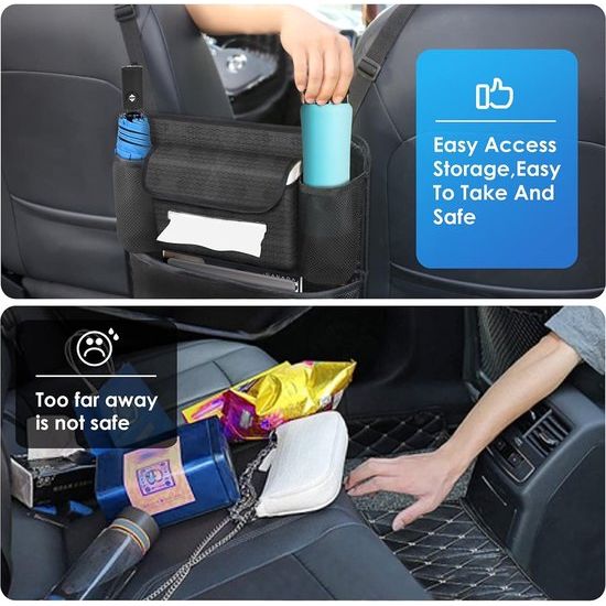 Auto-organizer tussen voorstoelen, auto-netvak voor auto, huisdier, kinderbarrière, auto, achterbank, organizer voor snacks, portefeuilles, dranken, telefoon