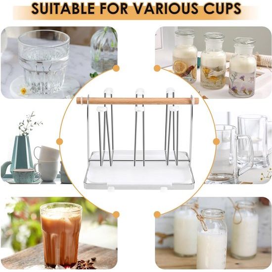 Bekerhouder van roestvrij staal met flessendroger en afdruiprek, metalen houder voor 6 flessen, met lekbak, geschikt voor flessen en kopjes, zilver, 23.5 x 14 x 9 cm