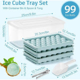 Mini-ijsblokjesvorm, ronde ijsblokjesvorm met deksel, 1 x 99 stuks kleine ijsblokjes, ijsblokjeshouder, ijsblokjesvorm met ijshouder en ijstang voor bier, cocktails, whisky, koffie, blauw