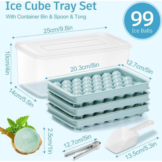 Mini-ijsblokjesvorm, ronde ijsblokjesvorm met deksel, 1 x 99 stuks kleine ijsblokjes, ijsblokjeshouder, ijsblokjesvorm met ijshouder en ijstang voor bier, cocktails, whisky, koffie, blauw