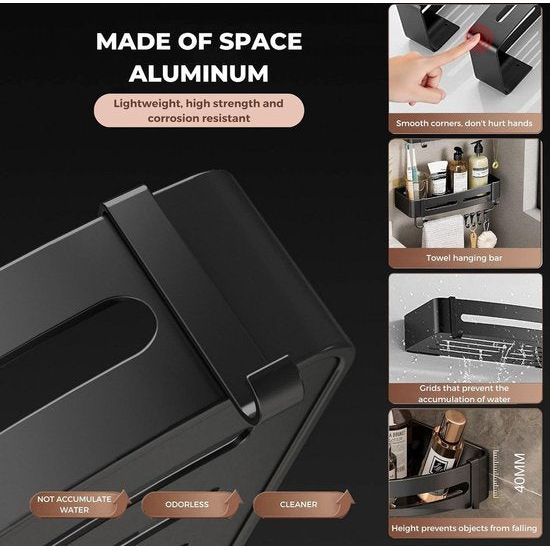 Badkamerplank zwart douchemandje en keukenopberger zonder boormachine. Roestbestendige aluminium badkamerwagen voor wandmontage met 6 haken