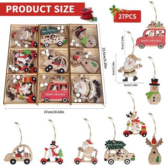 27 Pieces Christmas Party Decorations: Hanging Christmas Tree Ornaments, Wooden Christmas Ornaments, Hanging Decoration for Christmas Tree, Fireplace, Includes Car, Elk, Snowman, Santa Claus