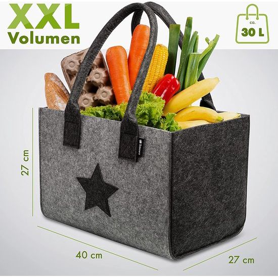 Premium vilten tas shopper, grote boodschappentas met handvat, winkelmandje, opvouwbare brandhoutzak voor het opbergen van hout (donkergrijs/lichtgrijs)