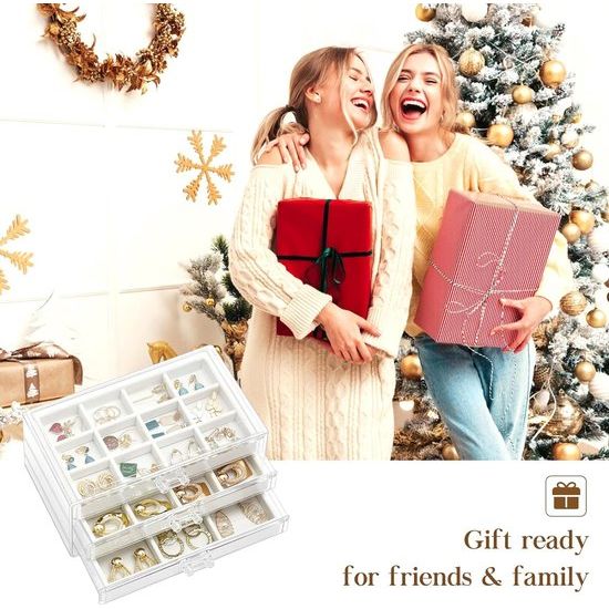 Acryl Sieraden Organizer Sieradendoos voor Dames Doorzichtige Sieradenopslag Sieradendoos Sieradendoos met 3 Laden voor Oorbellen, Ringen, Armbanden -Wit