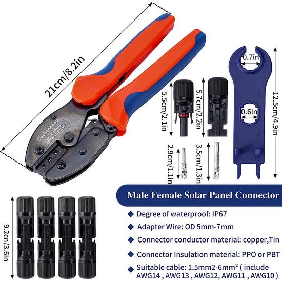 Set krimptangen voor 2,5/4/6 mm² zonnepaneel PV-kabel, 10 paar mannelijke/vrouwelijke zonneconnectoren, 2 sleutels, 1 krimptang, 1 striptang, krimptang voor fotovoltaïsche systemen op zonne-energie