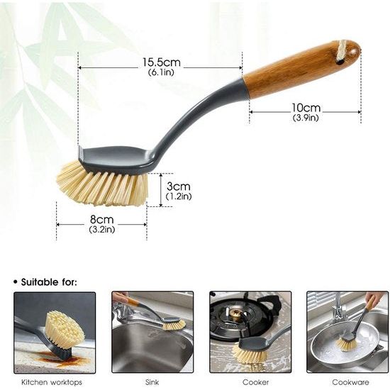Afwasborstelset, 3-delige bamboeborstel met lange steel, schone schrobborstel voor pannen, potten, gootsteenreiniging