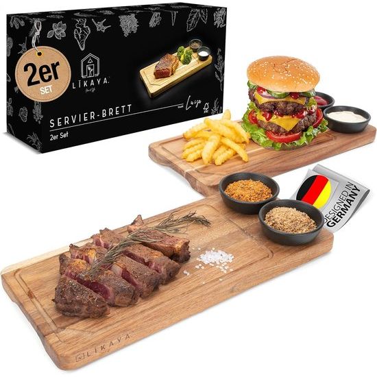 Luisa serveerplankenset van 2 stuks van FSC®-gecertificeerd acaciahout met sauskommen voor steak, hamburgers, sushi en nog veel meer – perfecte accessoire, bijv. voor grillen!