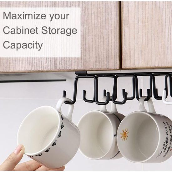 2 stuks bekerhouders voor kopjes, kopjes, opberghaken, onder kast, kopjeshouder, dubbele rijen, keukengerei, dassen, riemen, sjaals, sleutels, zwart