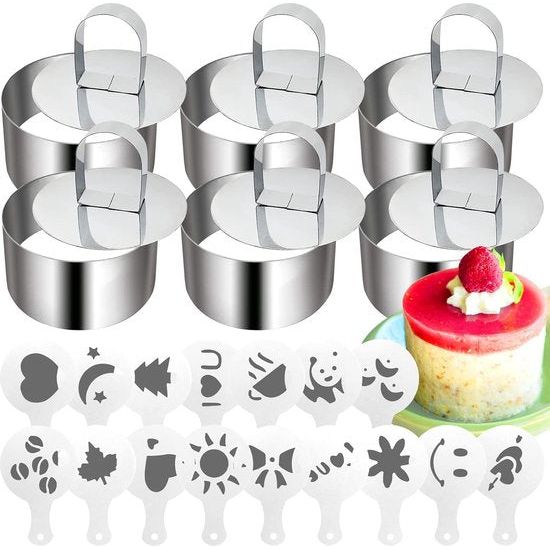 Set van 6 kleine taartringen, roestvrijstalen dessertringen, set met drukknop + 16 vormen koffiesjablonen, dessertringen, kleine dinerringen, set voor koken, bakken, mousse