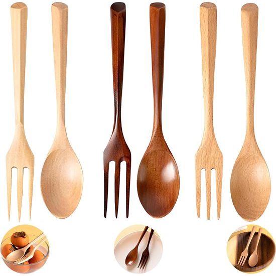 Pak van 6 houten bestekvorkenlepels, kleine vorkenlepels hout, houten keukengerei in Janpanese stijl, cakelepel en vorkset, dessertvorken en lepels, voor keuken thuis restaurant buiten