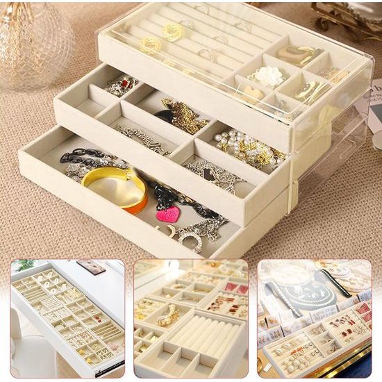 4 stuks sieradendoosje, 21 x 12,5 x 2,5 cm, fluwelen sieradeninzetstuk voor laden, sieradenkistjes, stapelbaar, sieradenopslag lade voor halskettingen, armbanden, oorbellen, ringen, horloges