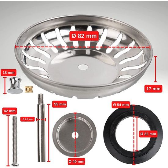 Gootsteenzeef gootsteen, Met Ø 82 mm, 73-110 mm schroef, Roestvrijstalen spoelbakplug, Universele zeefkorf, Ideaal vervangingsonderdeel voor Blanco gootsteen, Keukenafvoerzeef, Spoelbakzeef