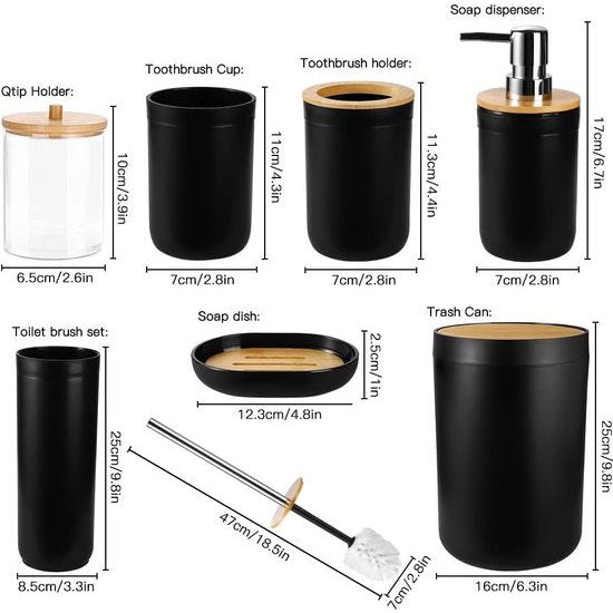 7-delige bamboe badkameraccessoires Badkameraccessoireset Luxe kunststof badkameraccessoireset Tandenborstelhouder Tumbler Toiletborstelset Qtip Houder Zeepbakje Prullenbak Zeepdispenser (zwart)