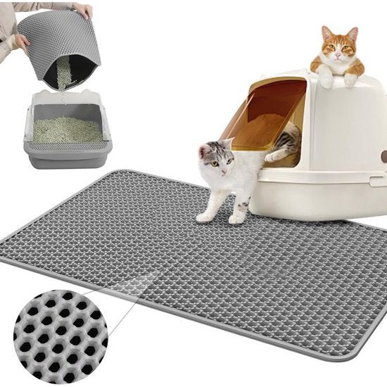 Mat 60 x 40 cm, kattenbakmat, waterdichte dubbele laag, kattenmat, kattenbakonderlegger, honingraat, mat kattenbak voor kattenbakvanger, kattenbakmat grijs, kattenbakmat