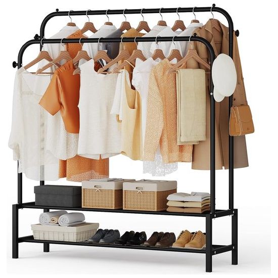 Kledingrek met 2 kledingstangen, kapstok van metaal met 2 lagen vloerplanken en 4 haken, tassen en schoenen opbergen, geschikt voor slaapkamer en woonkamer