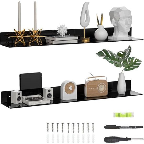 91,5 cm acryl lange wandrek, set van 2, zwart, aan de muur gemonteerd, acryl, badkamerrekken, display-organizer, drijvend rek voor fles, sinaasappel, specerijen, wijn, speelgoed, controller,