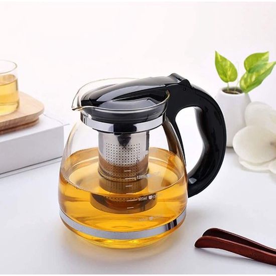 Glazen theepot roestvrij staal filter handvat hittebestendig 2000ml (zwart)