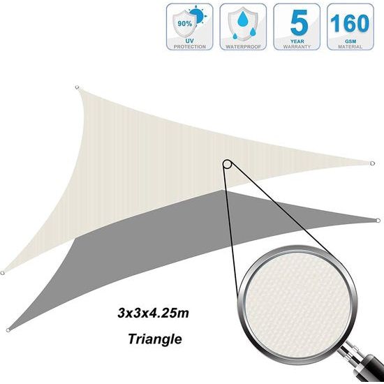 Zonnezeil, waterdicht, driehoekig, 3 x 3 x 4,25 m, zonwering, uv-bescherming, windscherm, geschikt voor buitenruimtes zoals tuin en balkon, terras, beige